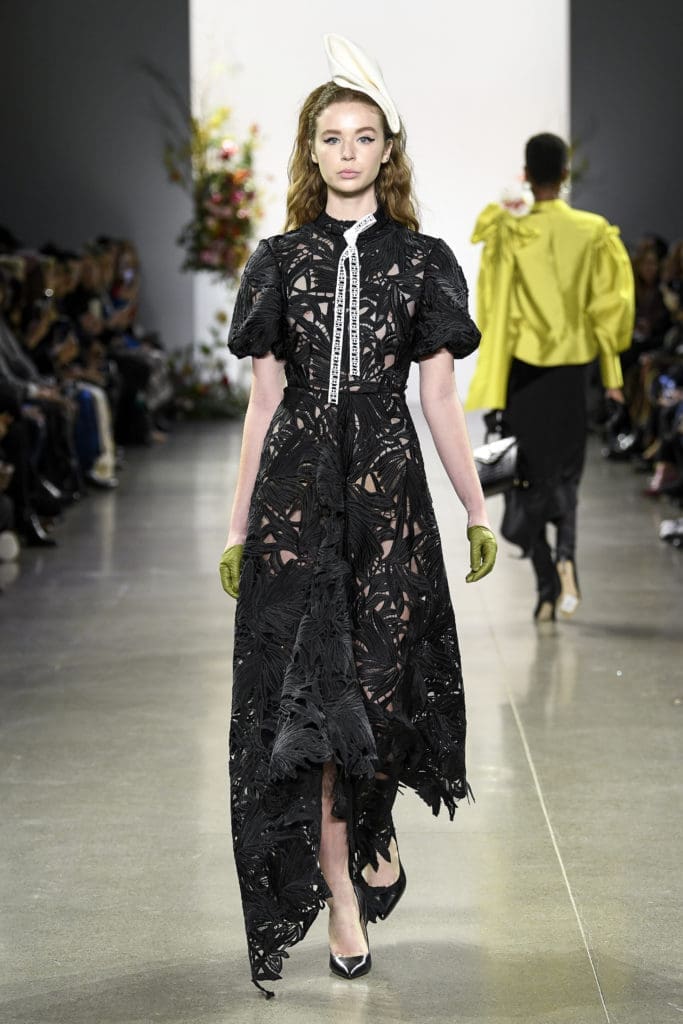 Bibhu Mohapatra onyx foliage lace dress with "Bibhu" necktie. (Photo by Bibhu Mohapatra)
