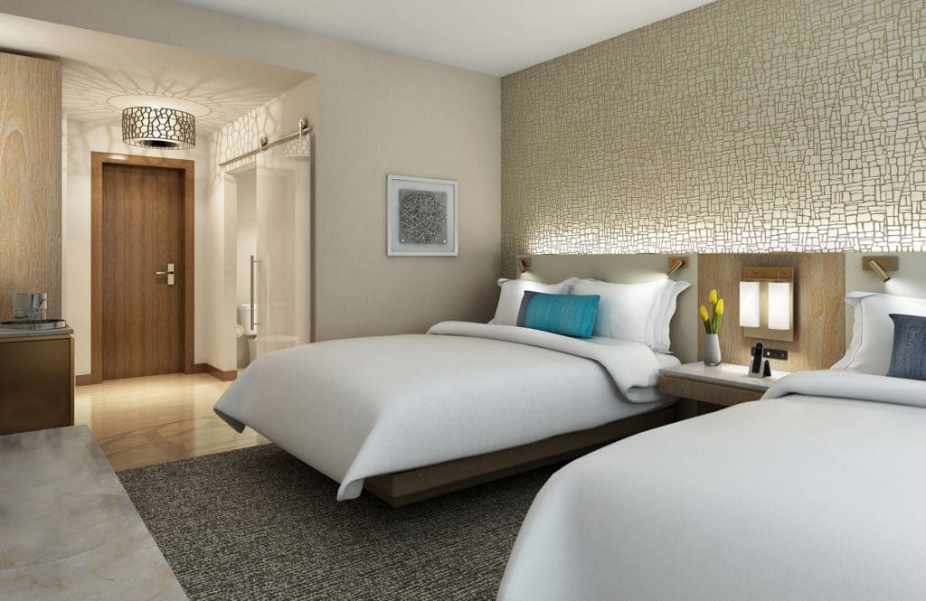 Rendering of a hotel room, Westin Houston Medical Center. The hotel brand favors subtle natural materials and warm textures in the rooms, with art reserved for the public spaces. 