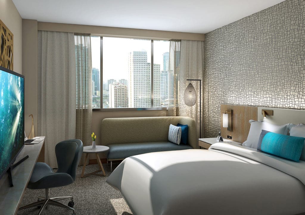 Rendering of a hotel room, Westin Houston Medical Center. The understated decor lets the architecture of the building speak. 