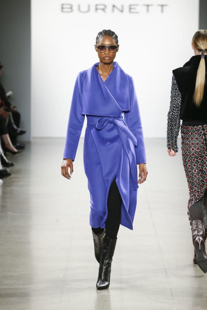 Burnett New York indigo cashmere wrap coat. (Photo by Burnett New York)