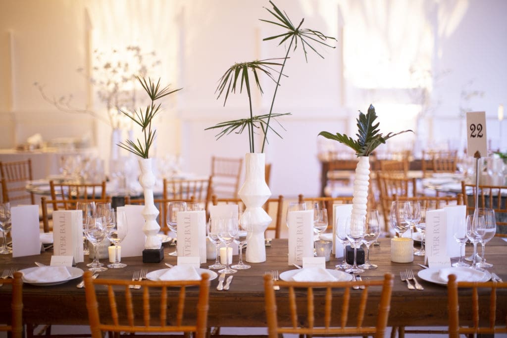 Artful tabletops devised by Rebekah Johnson who oversaw and created the party decor at Studio Menil's Paper Ball. (Photo by Jenny Antill Clifton)
