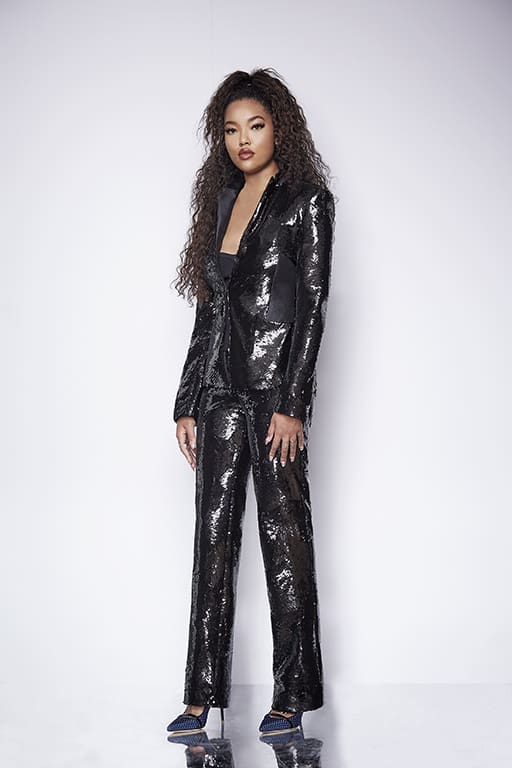 Ming Lee, the 19-year-old daughter of Kimora Lee Simmons, models a dark sequin tuxedo pantsuit. (Photo by Kimora Lee Simmons)