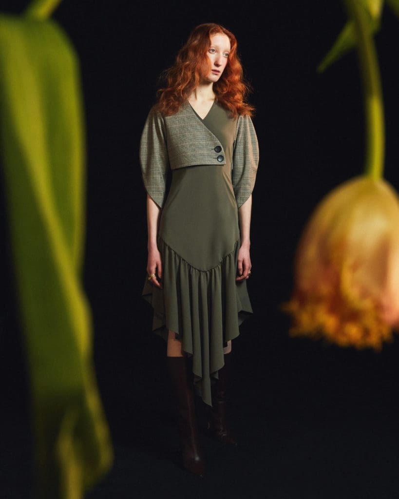 Amir Taghi dress dress with inverted triangle hemline and two-done bodice detail. (Photo by Amir Taghi)