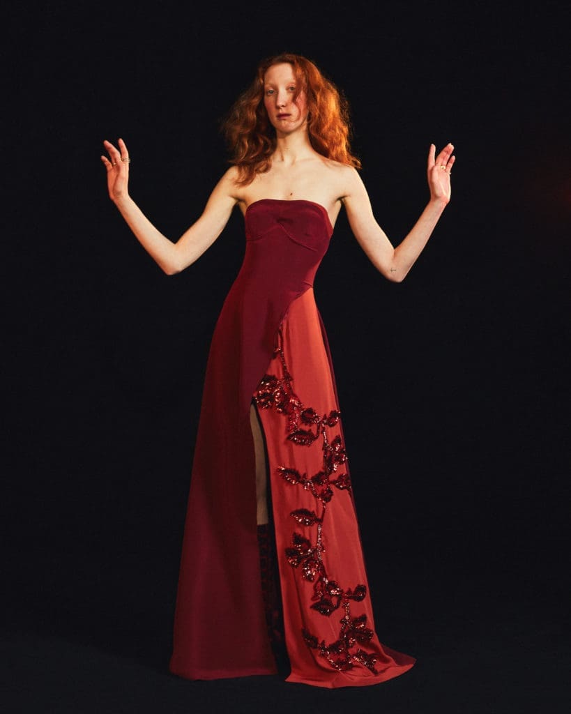 Amir Taghi evening gown with sequin embellishment representing Persian rug motif. (Photo by Amir Taghi)