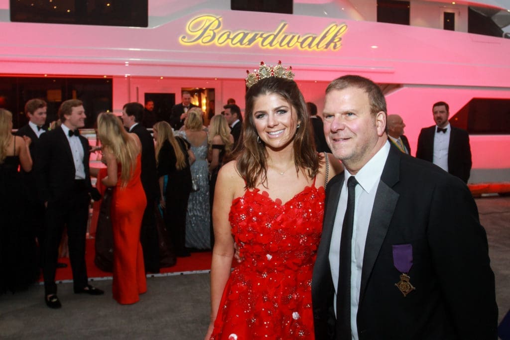 Momus Queen Blayne Fertitta and Tilman Fertitta in 2019 partying port side of his yacht Boardwalkat during The San Luis Salute  in Galveston.  (Gary Fountain Photo)