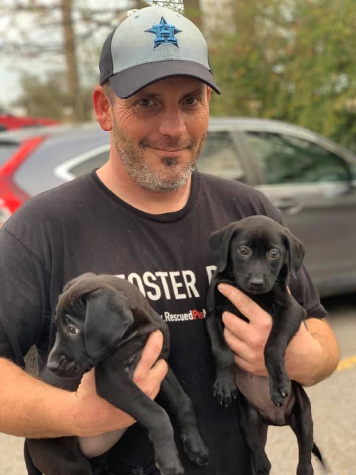 A volunteer poses with two canines from a RPM rescue event.