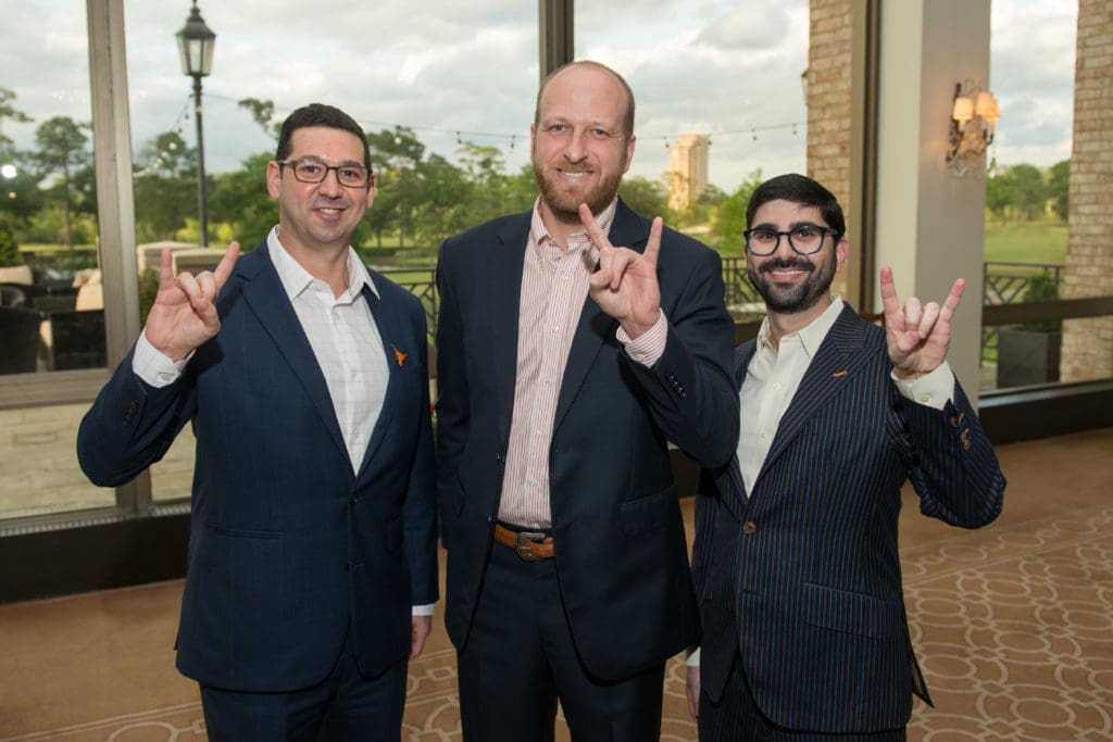 Ryan Bayer, Brock Niezgoda and Lewis Kasner at the University of Texas annual Texas Exes scholarship dinner at River Oaks Country Club.   (Photo by Jacob Power)