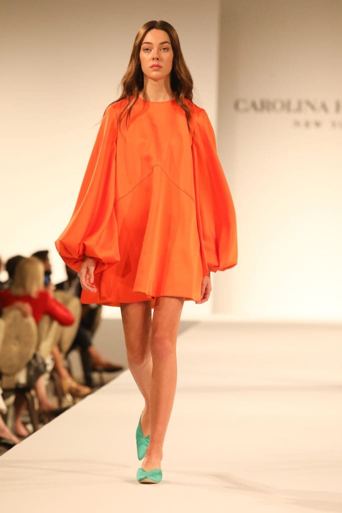 Carolina Herrera bright orange puff-sleeve minidress.  (Photo by Priscilla Dickson Photography)