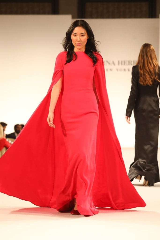 Carolina Herrera red evening gown with cape. (Photo by Priscilla Dickson Photography)