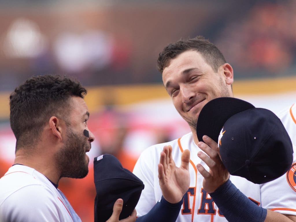 Jose Altuve and Alex Bregman shared a moment. (Photo by F. Carter Smith)