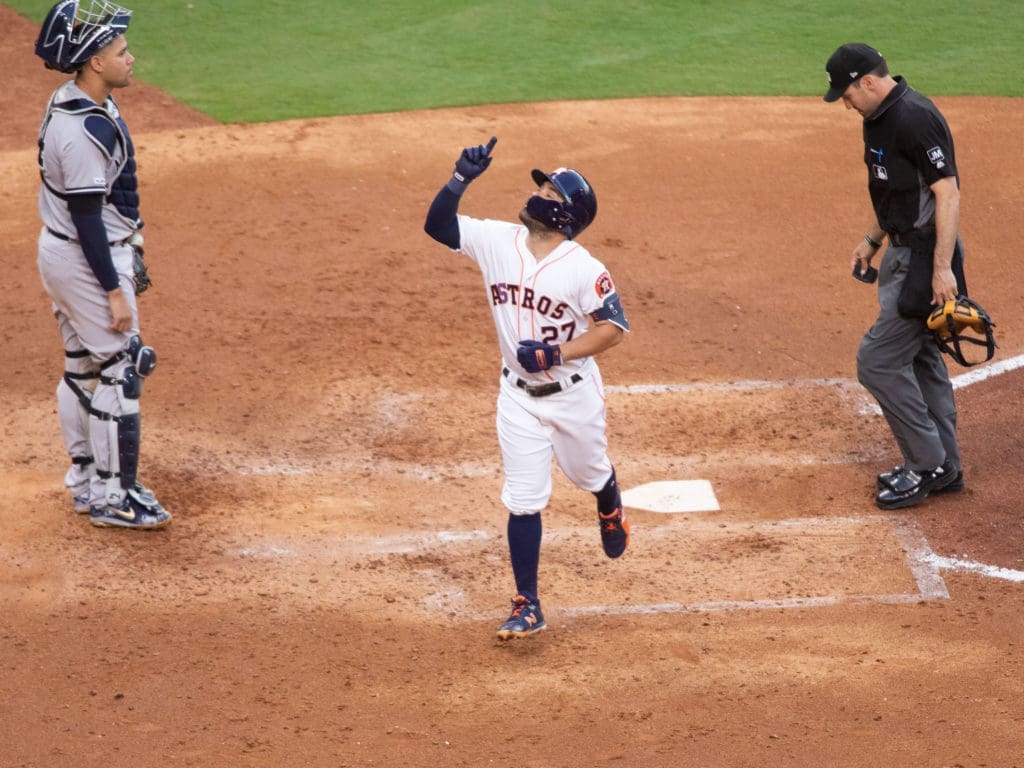 Jose Altuve pointed to the sky after depositing a home run on the train tracks. (Photo by F. Carter Smith)