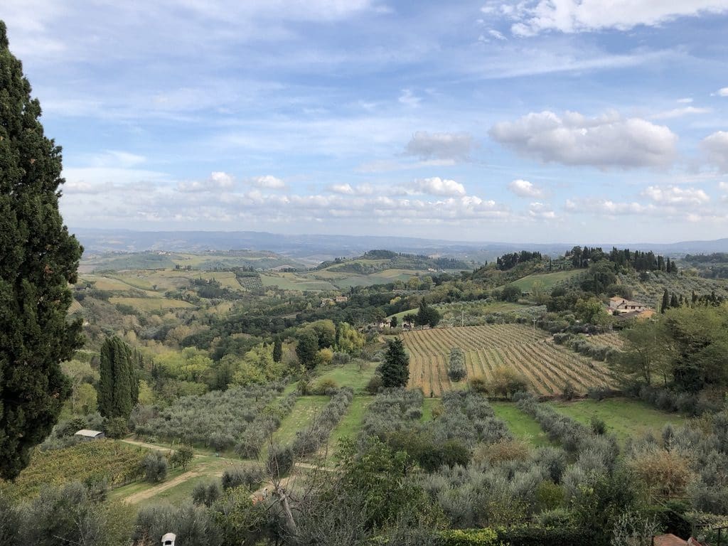 The author snapped this gratuitous — and gorgeous — image of the Tuscan countryside at nearby San Gimignano. (Photo by Bradley Kerl)