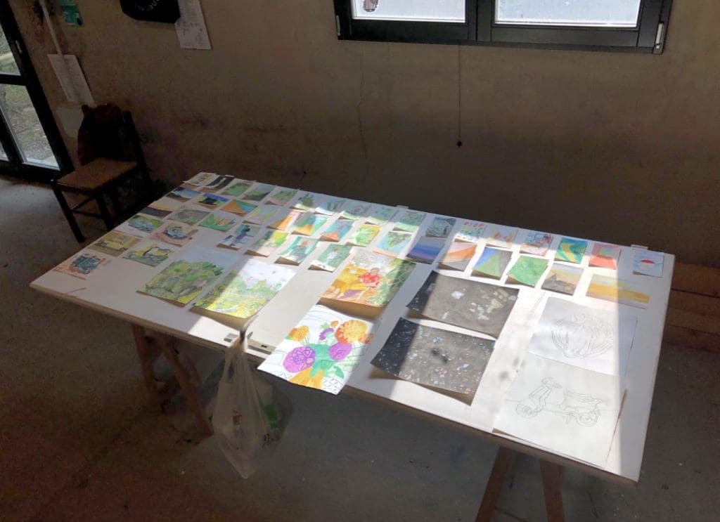 Works on paper produced by the author during a productive 2018 residency at Villa Lena, in the heart of the Tuscan countryside. (Photo by Bradley Kerl)