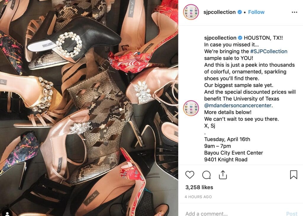 Sarah Jessica Parker touts her sample shoe sale taking place in Houston on Tuesday.