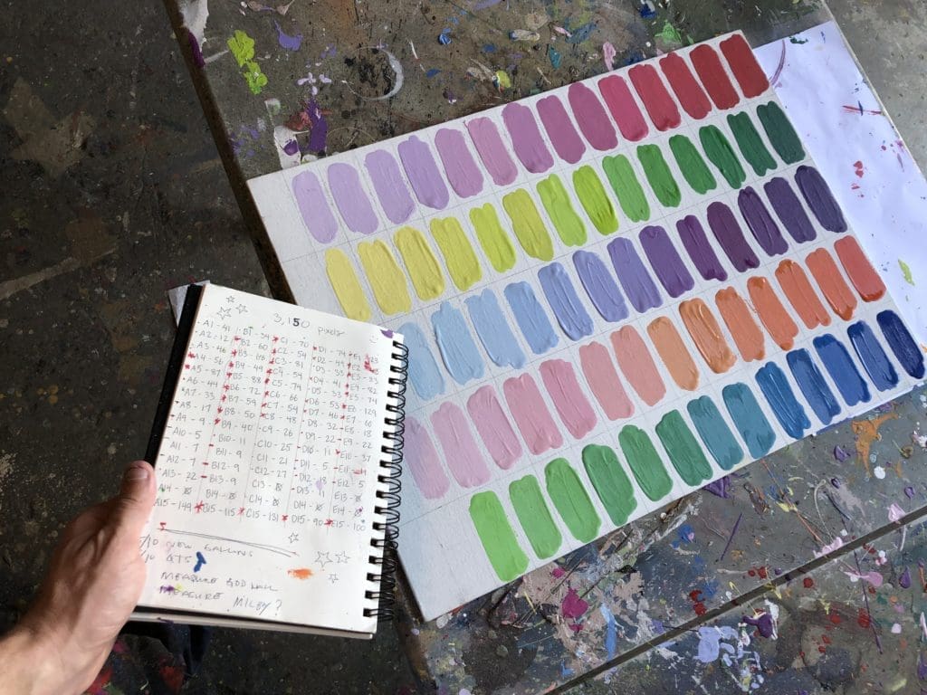 Seventy-two shades and 3,200 pixelated squares comprise "Pearl Paint Wall." 