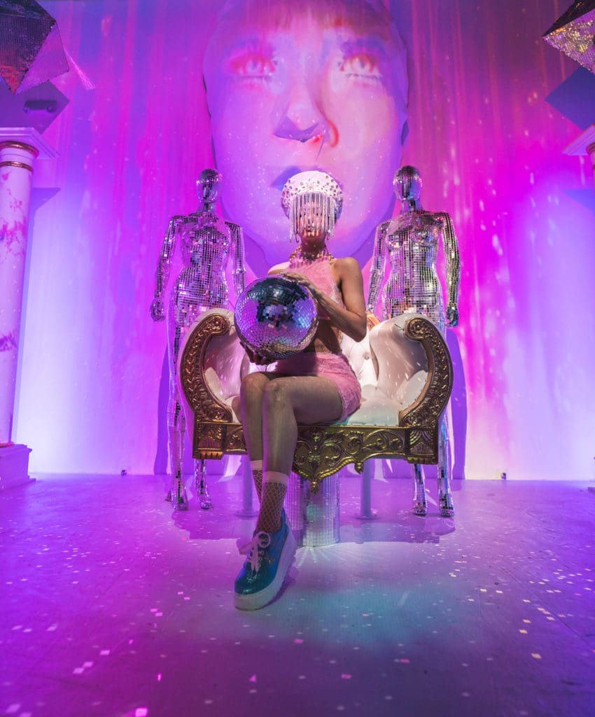 Whoever sits on the throne will have their face projected on the giant head above.  (Photo by Timothy Alsbrooks)