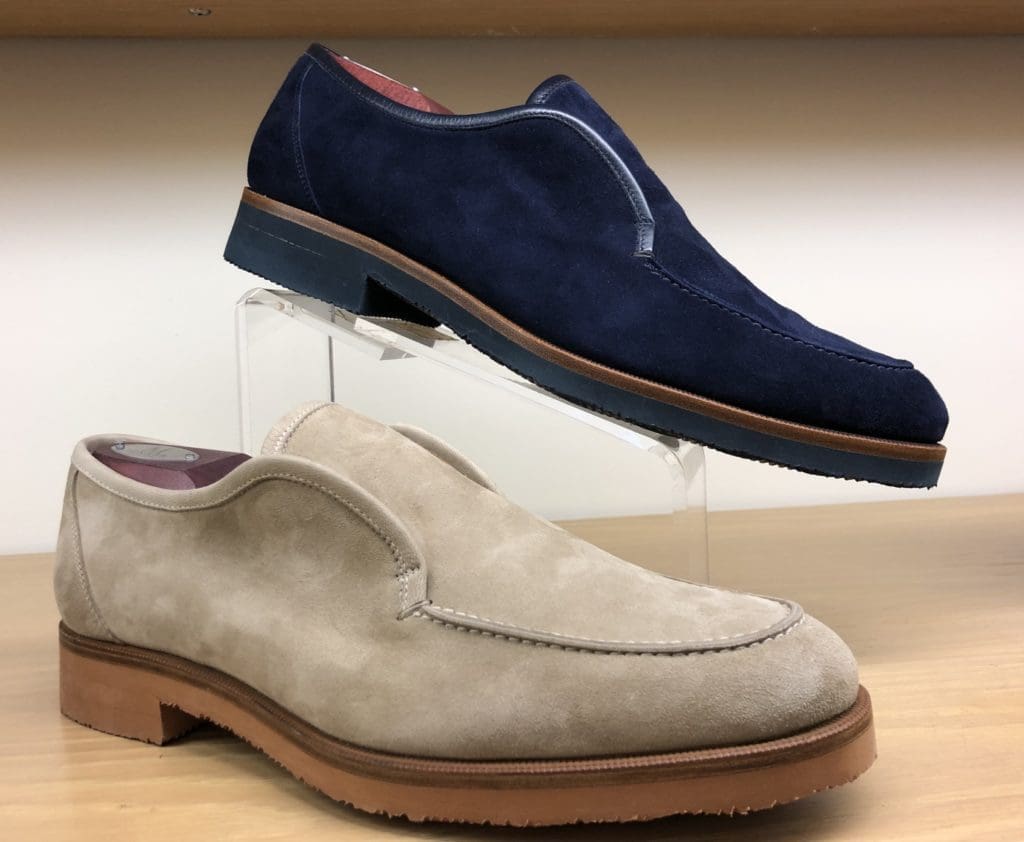 Keep the formal dress shoes in the closet, and slip into a light-colored, fabric or suede shoe that blends form and function.