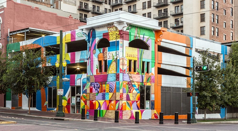 One of the stars of Houston’s street art scene, DUAL’s other projects around town include Produce Row’s mural, which adds energy to the corner of Main and Commerce.