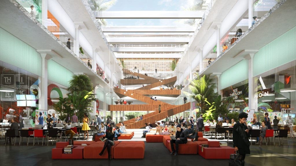 Three atriums in POST Houston excavated from the structural grid will bring light into the depth of the 500,000 square foot building.