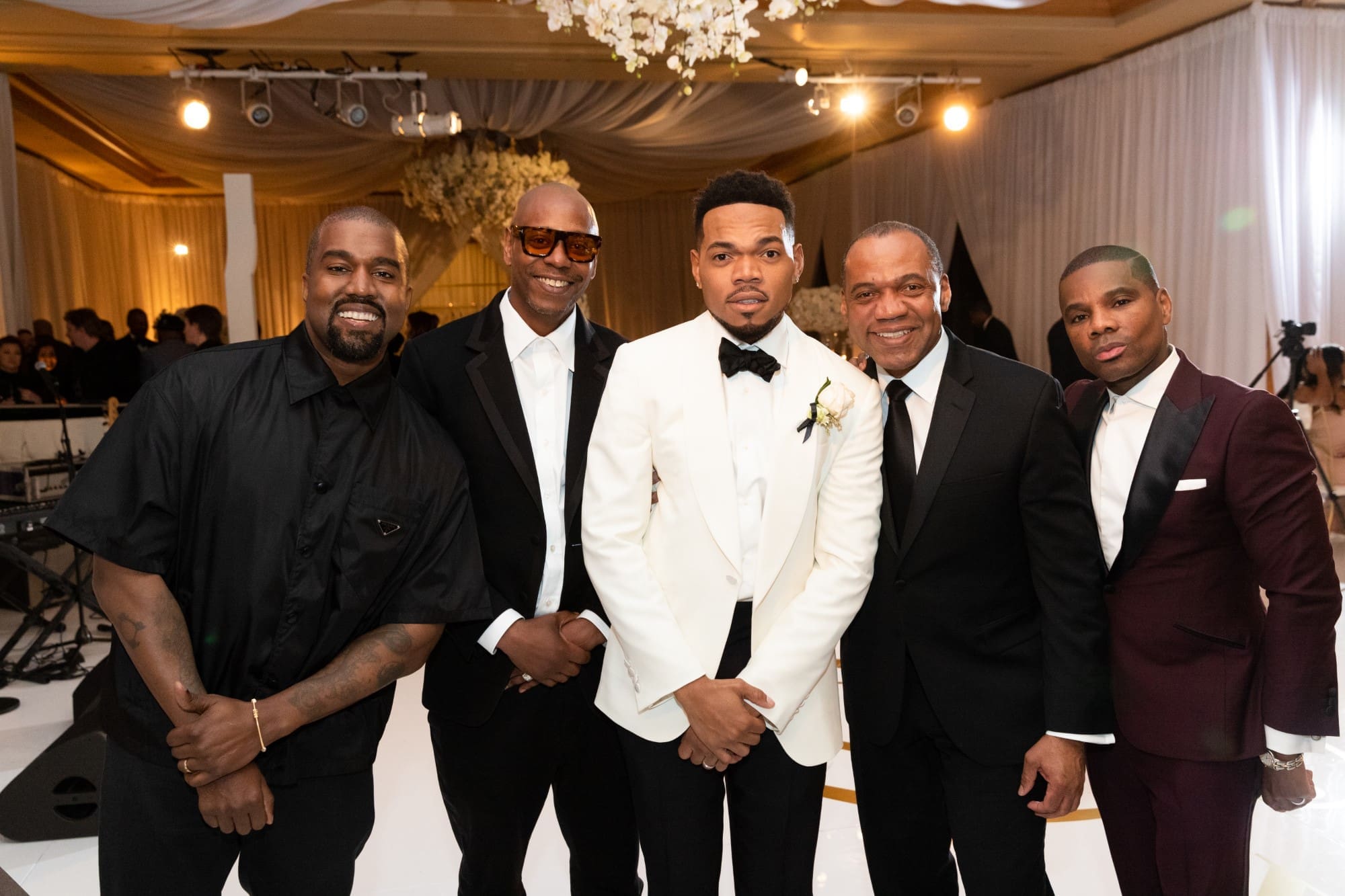 Kanye West, Dave Chapelle, Chance, Ken Bennett, and Kirk Franklin. (Photo by Duke Images)