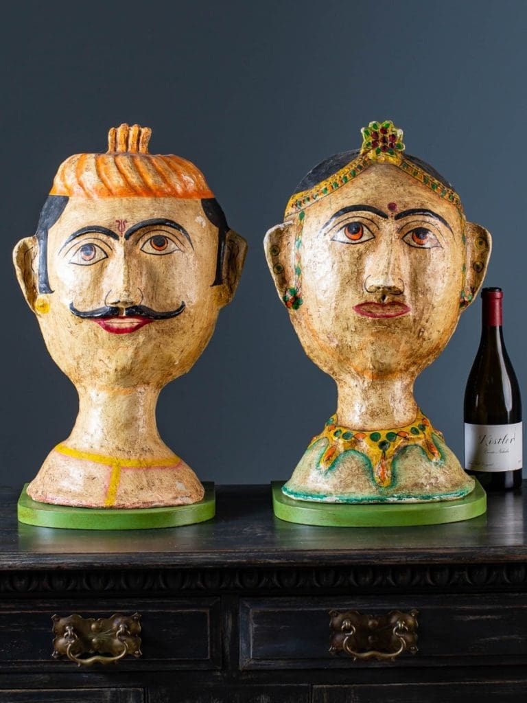 Pair Papier Mâché Vintage Indian Male Female Figures Circa 1960 On Brackets