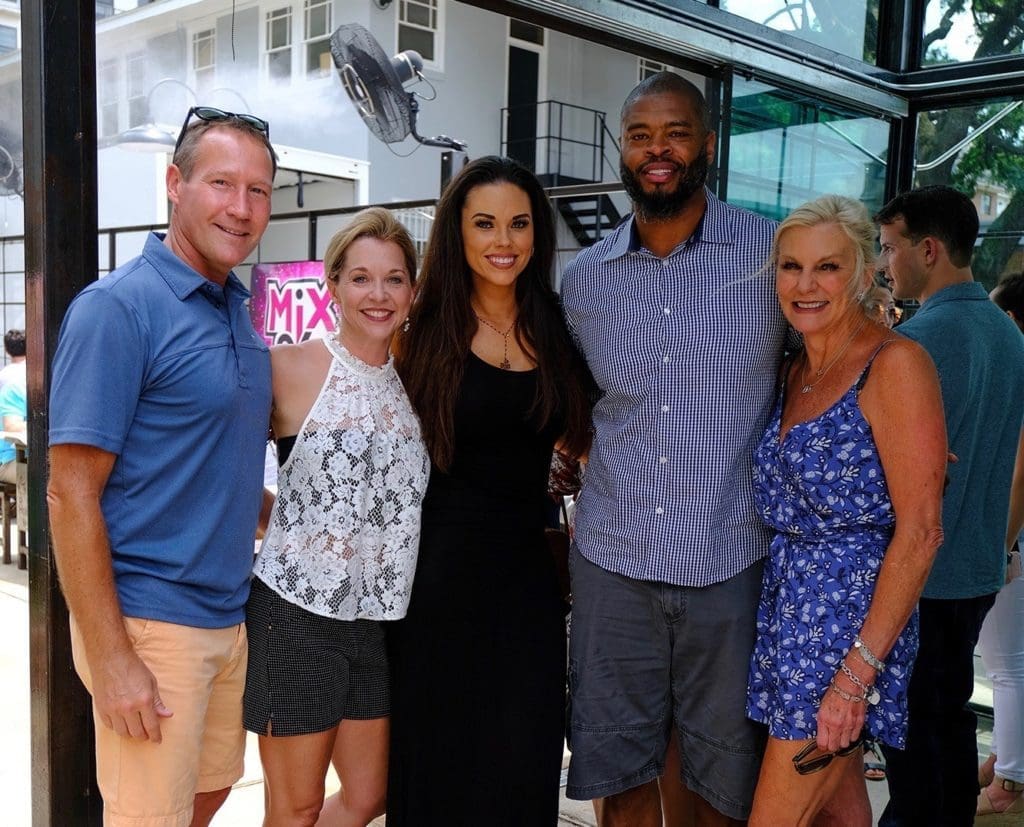Ron Finck & Julie Baker Finck, Amanda Abiassi, Wade Smith, Kristen Stubbs at the Barbara Bush Houston Literacy Foundation's Young Professionals Group crawfish boil.  (Photo by Daniel Ortiz)
