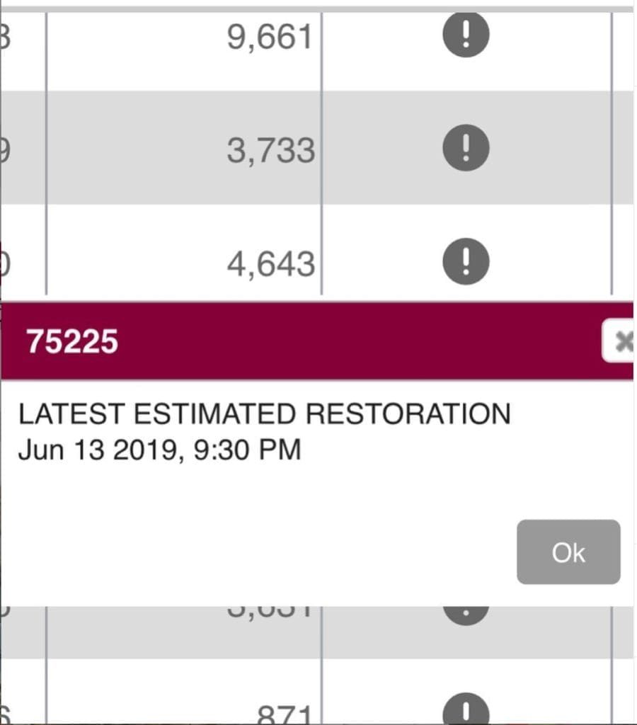 The estimated date for power restoration in Preston Hollow is Thursday night. Photo by @malleyg via Instagram