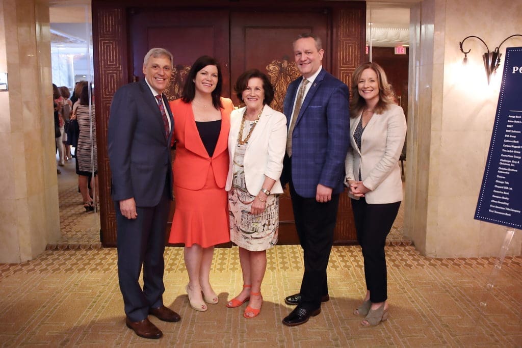 Tom Segesta, Lauren Levicki Courville, Nancy Levicki, Joel Cowley, Pam Jesse at Dress for Success Houston Corporate Guild Power Breakfast. (Photo by Quy Tran)