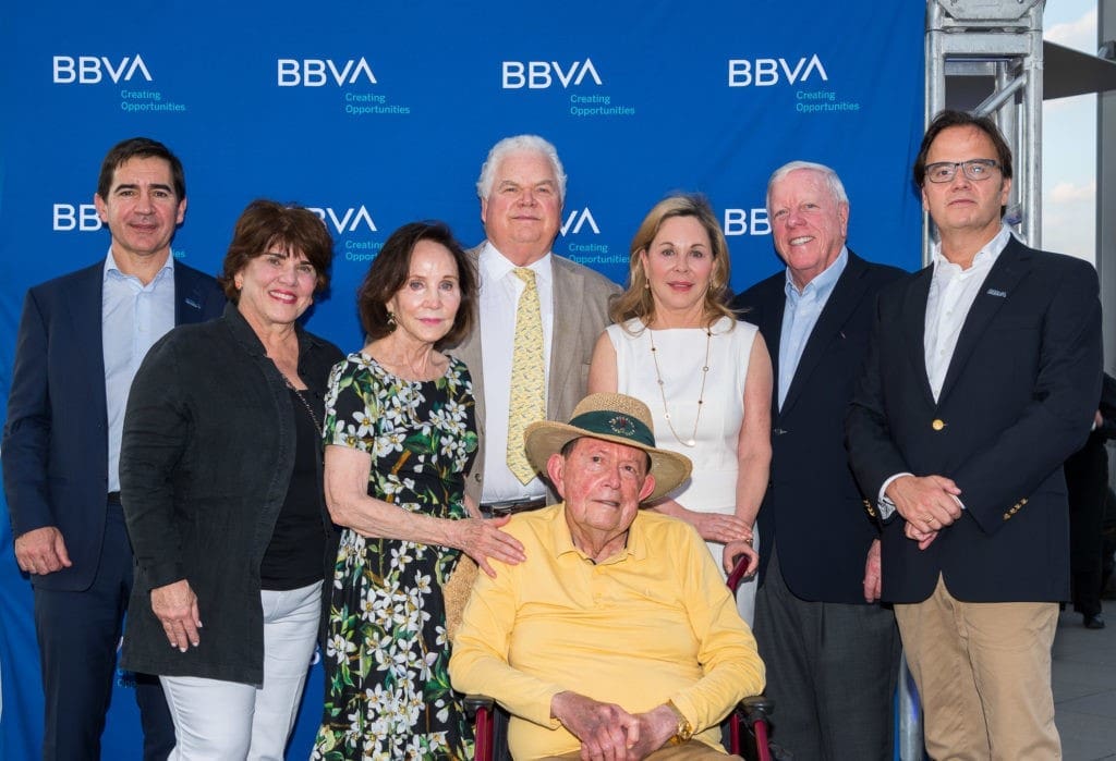 Carlos Torres Vila, Lynne Hudson, Cornelia Long, Joe Hudson, Meredith Long (seated), Nancy Kinder, Rich Kinder, Javier Rodriguez Soler, at the opening of the new Glassell School of Art, May 2018. The Longs both served on the MFAH board, and were also stalwart supporters of the Glassell School of Art and its signature Core Program. (Photo by Wilf Thorne)
