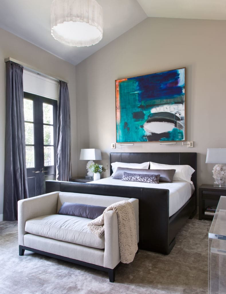 Guest bedroom in the main house, bed and settee designed by Joseph Minton. Monique van Genderen's  'Untitled,' 2013. (Photo by Emily Minton Redfield)