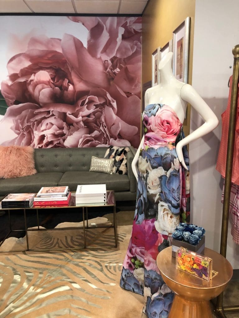 The dress that inspired the wall covering in David Peck's showroom. (Photo by Shelby Hodge)