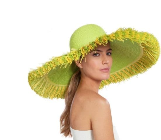 summer hats Eric Javits’ floppy with fringe tropical sunhat with an 8-inch brim span, priced at $415.