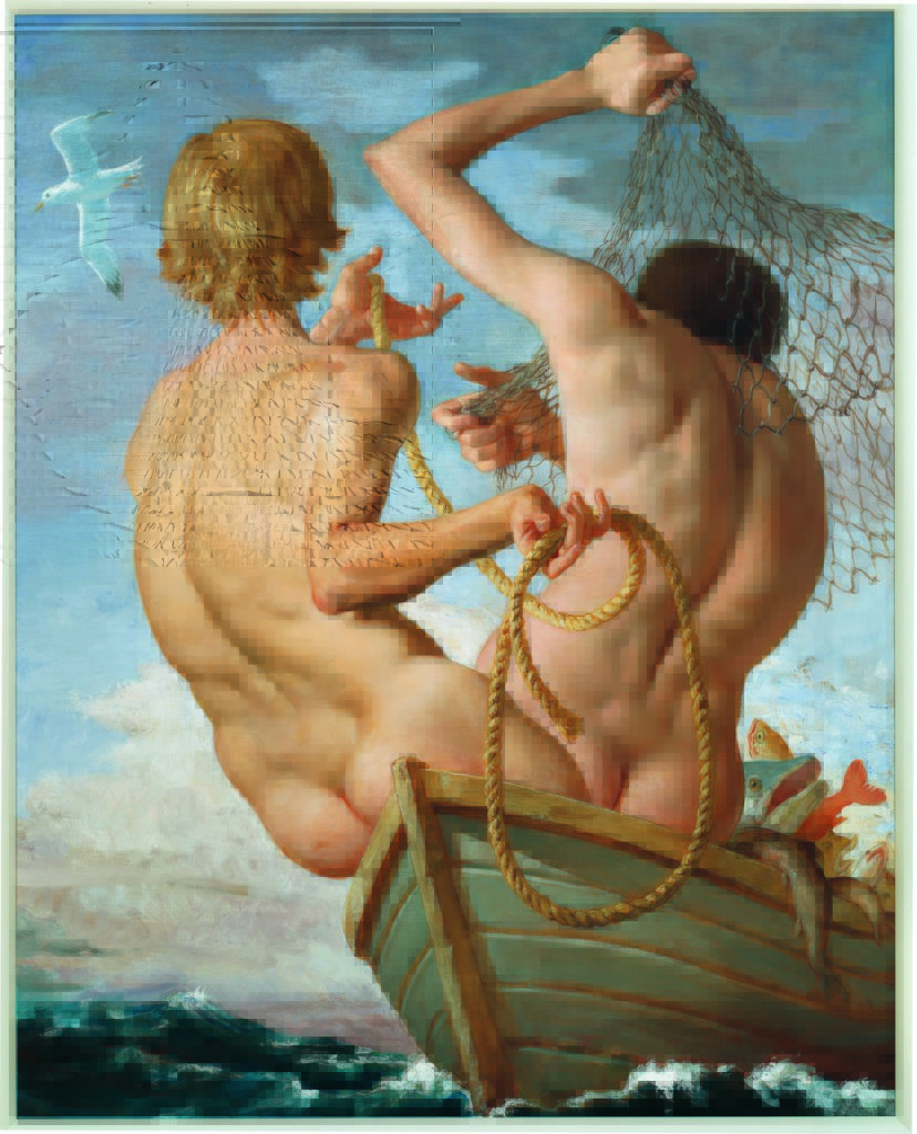 John Currin’s "Fishermen," 2002, at Dallas Contemporary. (© John Currin. Photo: Rob McKeever. Courtesy Gagosian.)
