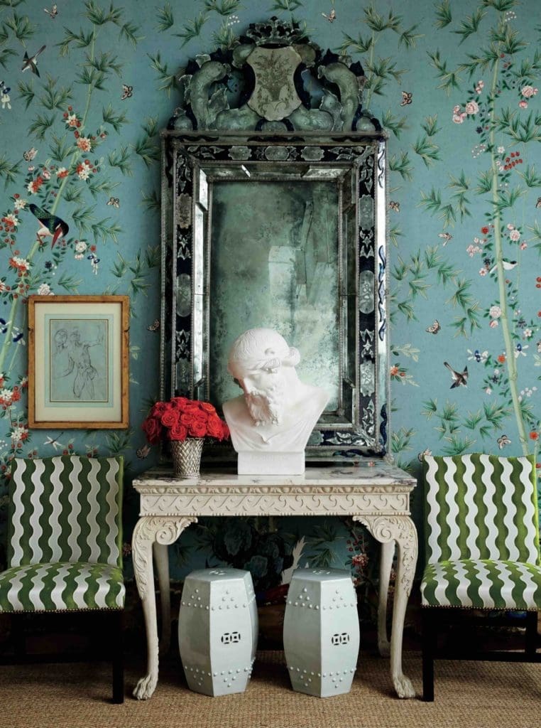 Schumacher’s Brighton Pavilion wallpaper and Schumacher fabrics The Wave fabric in Lettuce, both by Miles Redd.