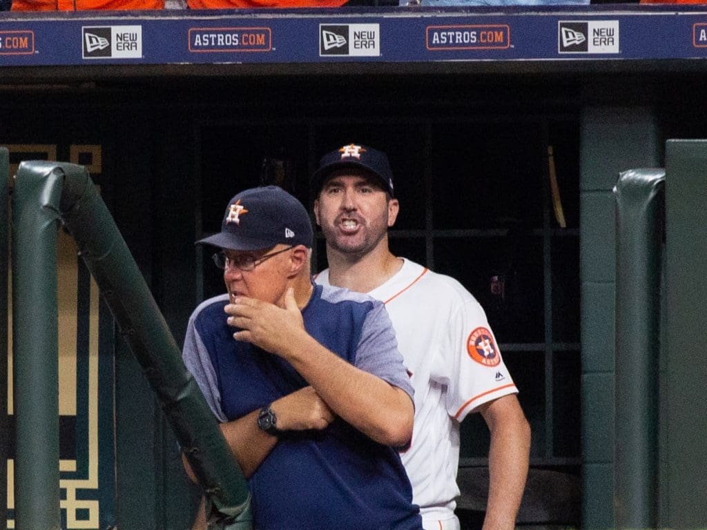 Justin Verlander had plenty of words for umpire Pat Hoberg post ejection. (Photo by F. Carter Smith)