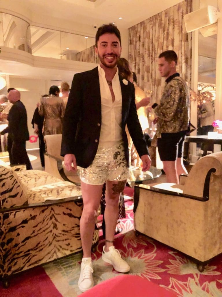 Partying in sequined shorts and blazer.