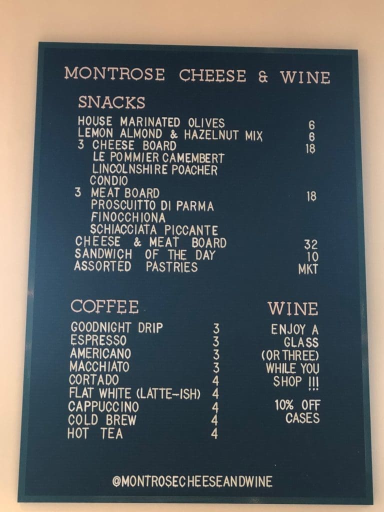 Th light bites menu at the Montrose Cheese & Wine (Photo by Shelby Hodge)