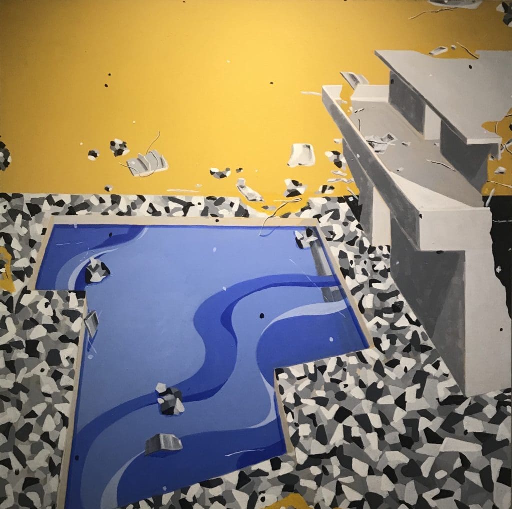 A classic canvas from Perry House's "Happyville Series," "7-22-08," predicts the American housing crisis that would ensue later that year. Black-and-white ink paintings from this series are on view now at Tootsies through November 30, 2019. (Photo courtesy Deborah Colton Gallery)  