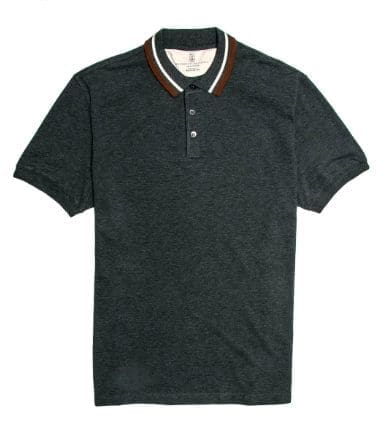 Brunello Cucinelli dark grey polo, available at Stanley Korshak, $595.