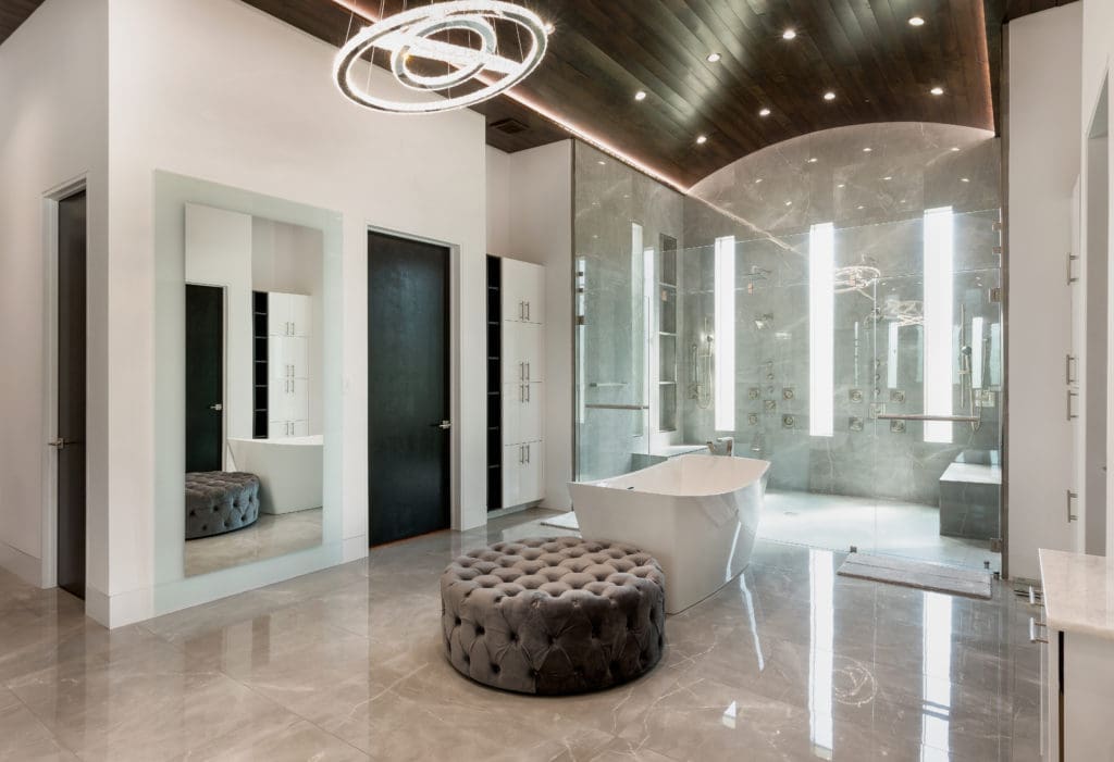 Frankel Building Group created this contemporary bath in a 17,000 square foot home now owned by Houston Rocket James Harden.