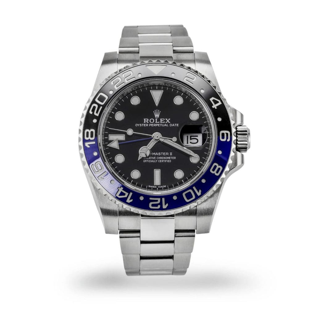 Rolex GMT Master II Stainless Steel "BATMAN" with black and blue Cerachrom insert ceramic bidirectional rotatable 24 bezel.