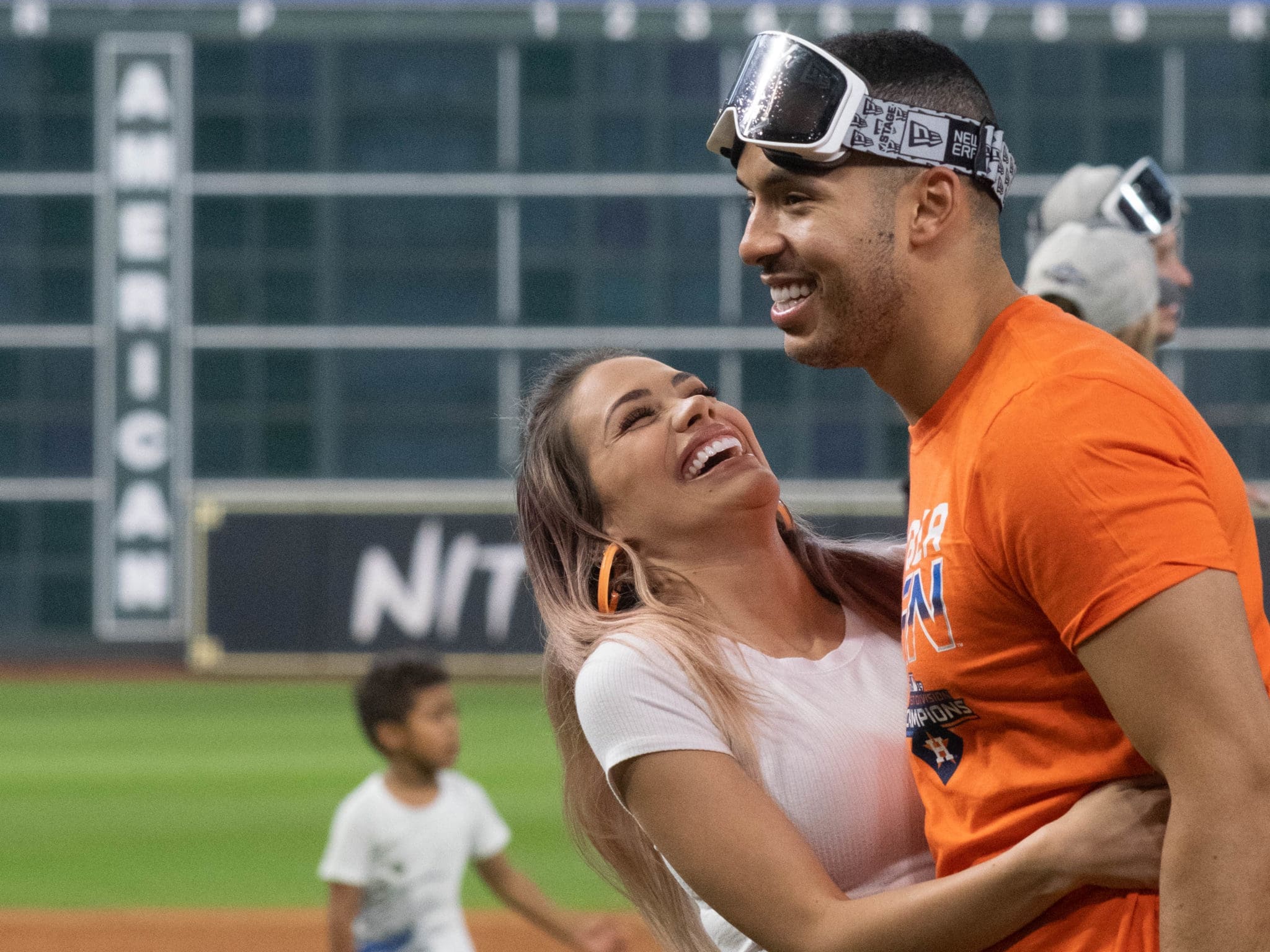 Astros shortstop Carlos Correa and his wife Daniella Rodriguez shared an on-field embrace in one of the many memorable Astros celebrations. (Photo by F. Carter Smith)