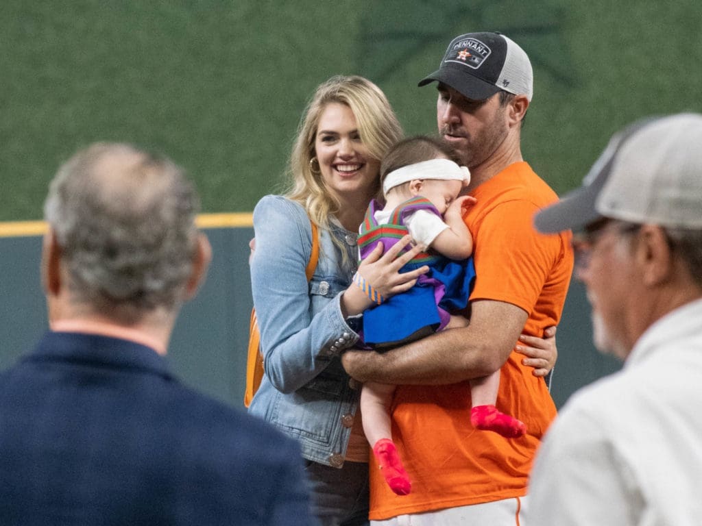 Kate Upton and Justin Verlander enjoyed an on-field celebration moment with their daughter Genevieve. (Photo by F. Carter Smith.)