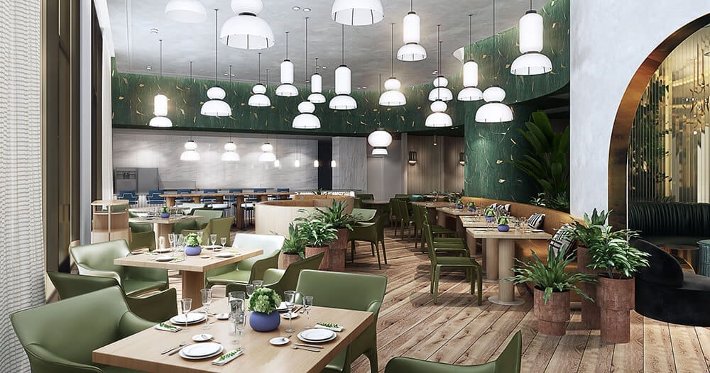The dining room of Commons Club has a classy jungle vibe. Courtesy of Virgin Hotel