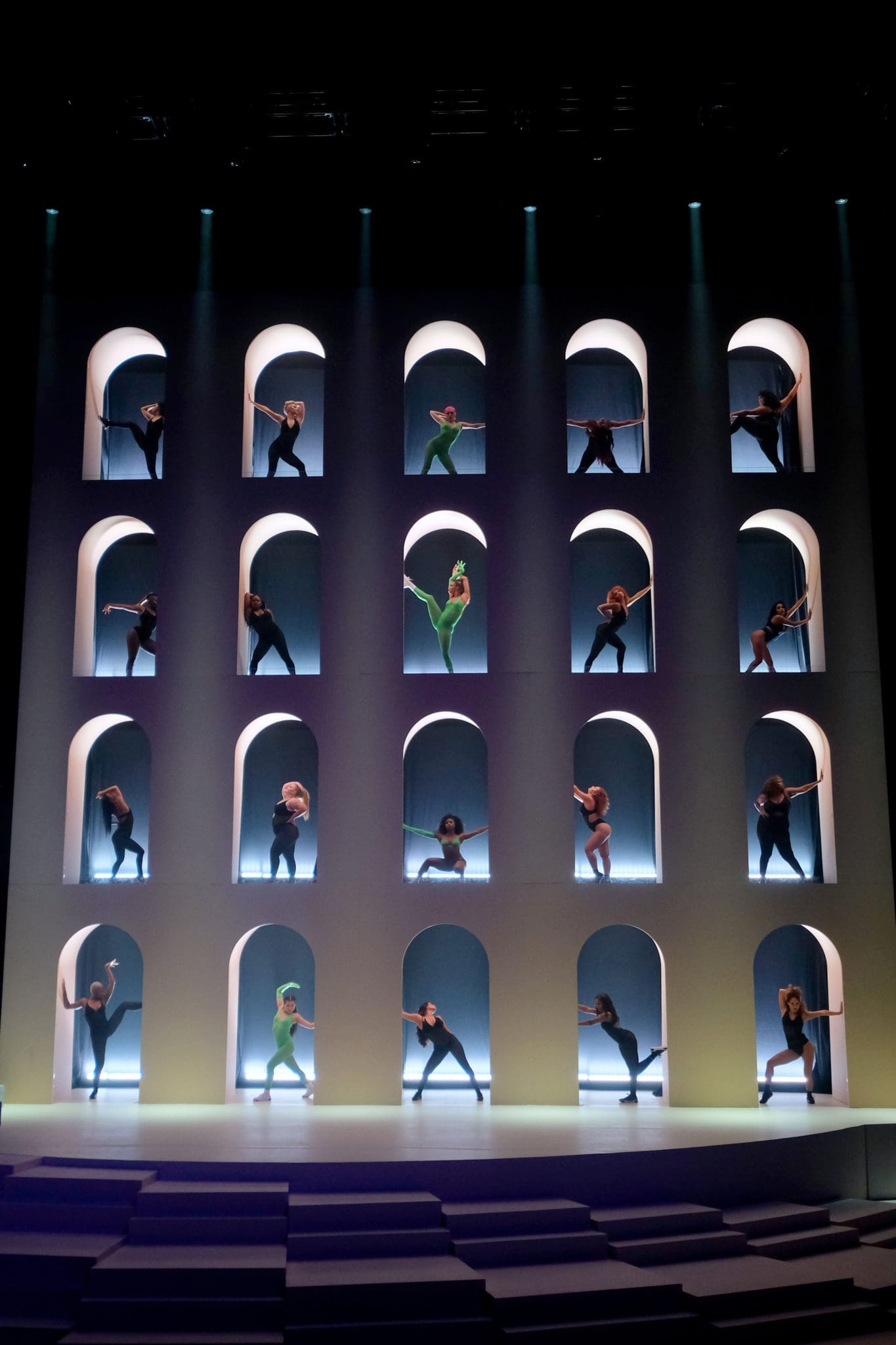 Models and dancers perform in separate alcoves during a big production number at the Savage X Fenty Show Presented by Amazon Prime Video. (Photo by Dimitrios Kambouris/Getty Images for Savage X Fenty Show Presented by Amazon Prime Video )