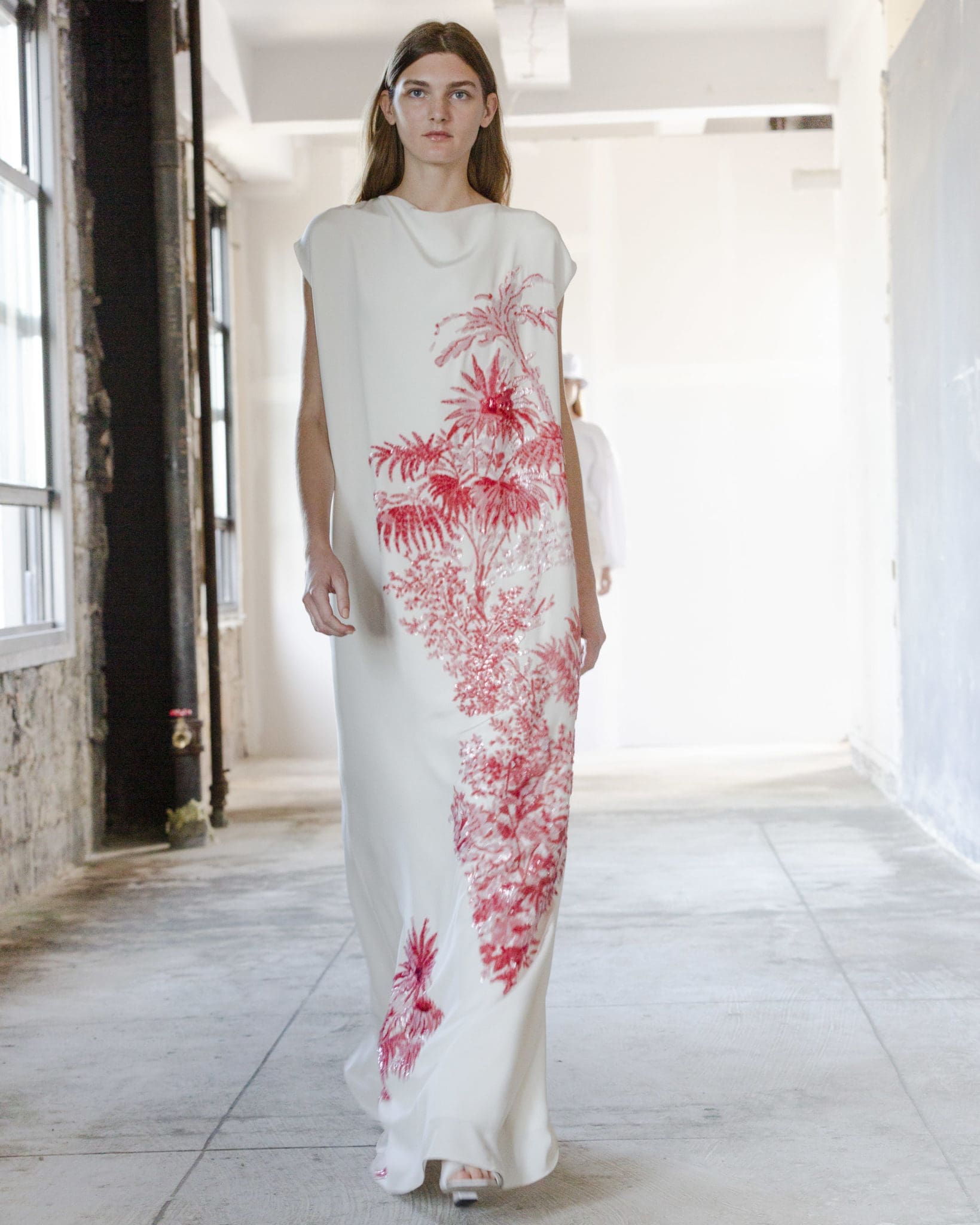 Adam Lippes white silk crepe long dress with hand embroidered sequins. (Photo courtesy of Adam Lippes)
