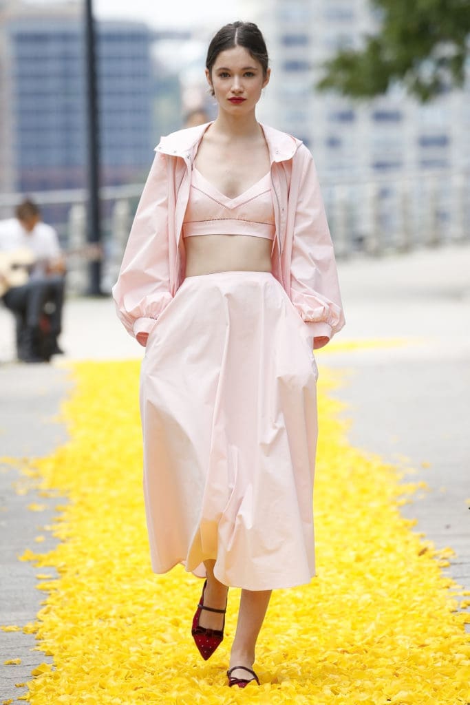 Lela Rose pink-sky sailcloth cotton windbreaker, bralette, and full skirt. (Photo by Dan and Corina Lecca)