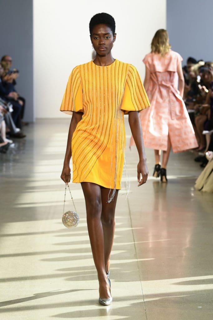 Bibhu Mohapatra mango crepe crystal pinstripe embroidered dress. (Photo courtesy of Bibhu Mohapatra)