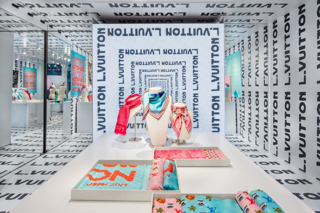 The artists interpretation of LV graphics are depicted in bright colors perfect for spring accessories