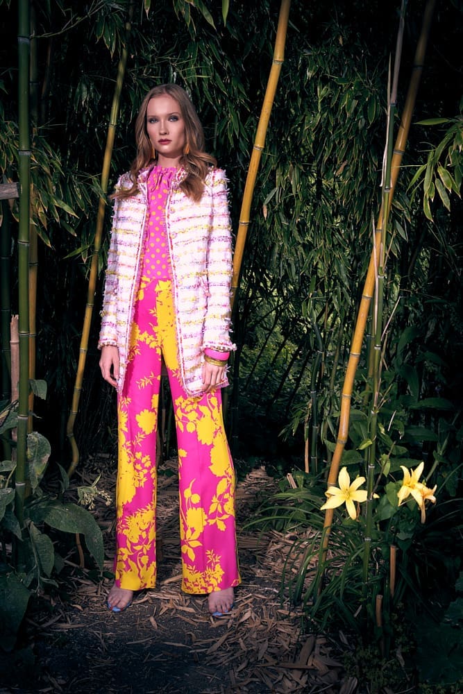 Maison Common tweed multi ¾ jacket with pearl detail, dotted sleeveless shell, silk floral print trouser. (Photo courtesy of Maison Common)
